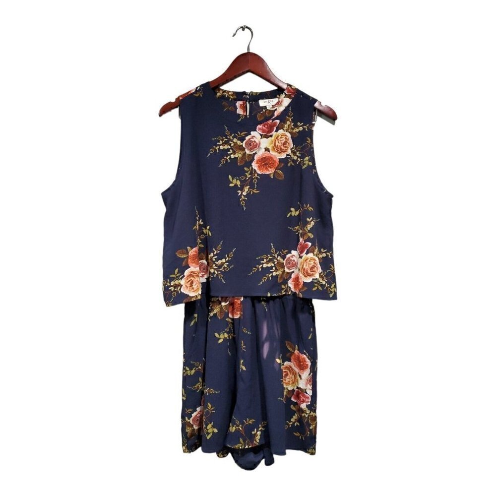 Umgee Floral Open Draped Back Sleeveless Shorts Romper Size M Navy Coral Ruffle